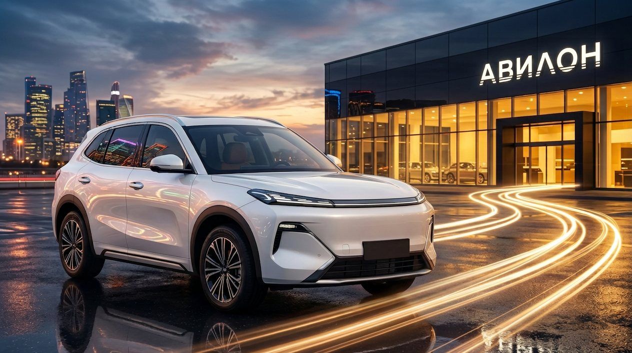 Автомобиль у автосалона АВИЛОН вечером